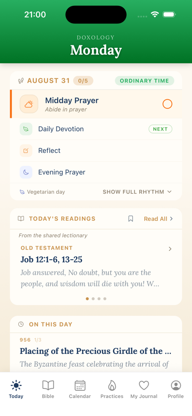 Doxology Today screen showing Orthodox calendar content, daily rhythm, readings, and On This Day.